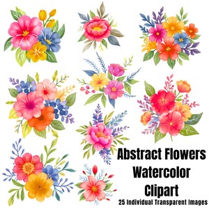 Abstract Flowers Clipart Set | 25 Images | PNG with Transparent Background | Watercolor Floral Art | Personal and Commercial Use
