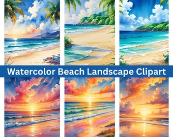Watercolor Beach Landscape Clipart Bundle: Coastal Sunset, Sunrise, Night Scenes (JPG & PDF)