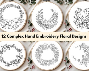 12 Detailed Floral Hand Embroidery Patterns: Intricate Flower Designs (PDF Templates, Commercial Use)