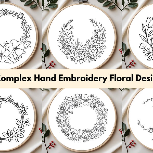 12種類の精巧な花柄手刺繍パターン：複雑な花のデザイン（PDFテンプレート、商用利用可）