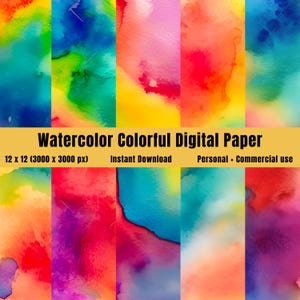 Watercolor Digital Paper Pack – Colorful 12x12 Textures | Scrapbooking & Junk Journal Backgrounds| Instant Download PNG JPG | Commercial Use