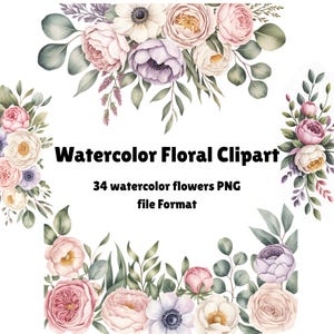 Watercolor Floral Clipart | 34 PNGs | Transparent Background | Scrapbooking & Junk Journal Art | Instant Download | Commercial Use
