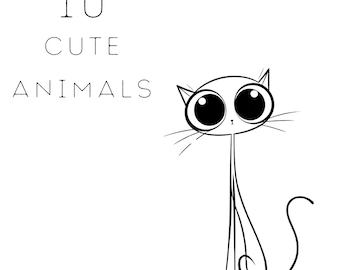 Animal Line Art Clipart PNG Bundle: Black & White Outline Drawing (Digital Download)