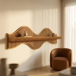 Pliki CNC z parametryczną grafiką ścienną | Nowoczesna drewniana półka ścienna z falami | Cyfrowe pobieranie materiałów do obróbki drewna