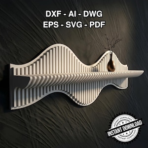 Könnte beinhalten: Ein weißes Wandregal mit einem sich wiederholenden vertikalen Lamellendesign und einer wellenförmigen Silhouette. Der Text DXF - AI - DWG EPS - SVG - PDF erscheint oben und ein Sofort-Download-Abzeichen befindet sich in der Ecke. Eine kleine Vase steht darauf.