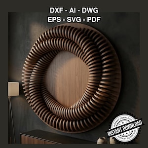 May include: A large, circular wooden wall art piece with a layered, spiral design. The artwork is mounted on a wooden backing and features the text "DXF - AI - DWG EPS - SVG - PDF" and "INSTANT DOWNLOAD". The piece is displayed on a dark gray wall.
