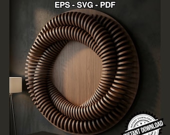 Puede incluir: Una gran obra de arte mural circular de madera con un diseño en espiral en capas. La obra de arte está montada sobre un respaldo de madera y presenta el texto "DXF - AI - DWG EPS - SVG - PDF" y "INSTANT DOWNLOAD". La pieza se exhibe en una pared gris oscura.