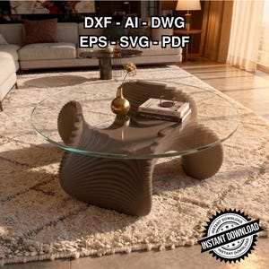 May include: A modern coffee table with a clear glass top and a unique, sculptural base. The base is a light brown color and has a layered design. The table is in a living room setting with a soft, shaggy rug. Text on the image reads "DXF - AI - DWG, EPS - SVG - PDF".