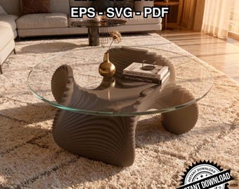 Puede incluir: Una mesa de centro moderna con una tapa de cristal transparente y una base escultural única. La base es de color marrón claro y tiene un diseño en capas. La mesa está en un salón con una alfombra suave y peluda. El texto en la imagen dice "DXF - AI - DWG, EPS - SVG - PDF".