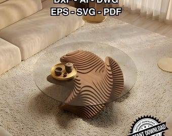 Puede incluir: Una mesa de centro moderna con una tapa de cristal transparente y una base de madera única y en capas. Una pequeña bandeja dorada con tazas de té y una tetera está sobre la mesa. El texto "DXF - AI - DWG EPS - SVG - PDF" es visible. También incluye el texto "INSTANT DOWNLOAD".