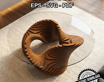 Puede incluir: Una mesa de centro moderna con una tapa de cristal transparente y una base de madera única. La base está hecha de madera curvada y en capas, creando un diseño artístico y escultural. La mesa está sobre una alfombra de color claro. Texto en la imagen: DXF - AI - DWG, EPS - SVG - PDF, INSTANT DOWNLOAD.