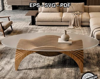 Puede incluir: Mesa de centro ovalada con tapa de cristal transparente y base de madera única. La base presenta un diseño en forma de ola y soportes curvos. La imagen incluye el texto "DXF - AI - DWG EPS - SVG - PDF" y "INSTANT DOWNLOAD".