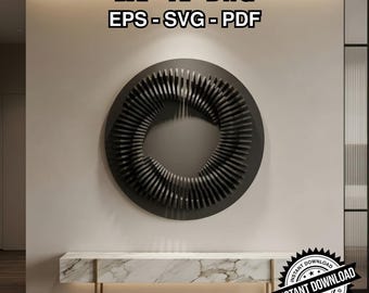 Puede incluir: Una obra de arte mural abstracta moderna con un diseño circular. La obra presenta una construcción oscura y gris, en capas, con una abertura central. El texto "DXF - AI - DWG EPS - SVG - PDF" y "INSTANT DOWNLOAD" también está incluido.
