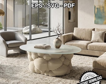 Puede incluir: Una escena de salón moderno con una mesa de centro crema en capas con tapa de cristal. La mesa está rodeada por un sofá beige, sillas y una alfombra estampada. La imagen incluye el texto "DXF - AI - DWG EPS - SVG - PDF" y "INSTANT DOWNLOAD".