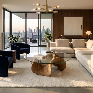 May include: A round coffee table with a clear glass top and a sculptural, light-coloured wooden base featuring layered, wave-like slats. The table sits on a textured cream rug in a living room with dark blue armchairs and a beige sectional sofa.