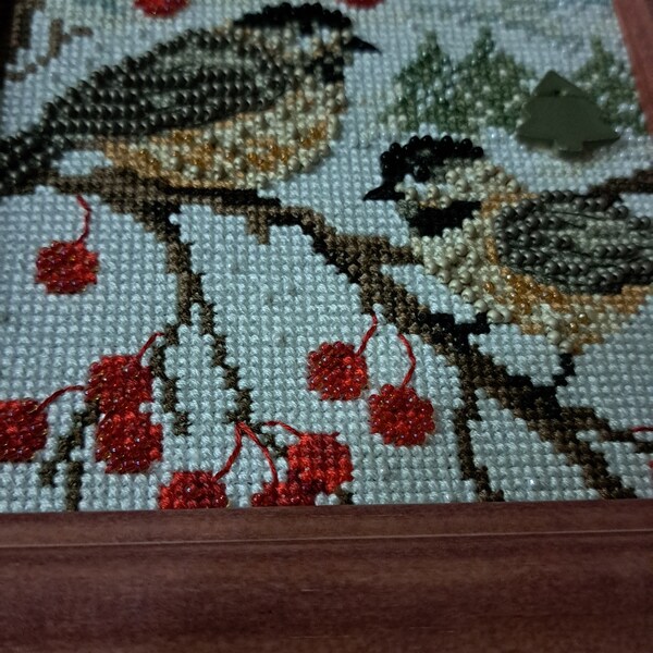 Completed Beaded Counted Cross Stitch Chickadees Framed Picture