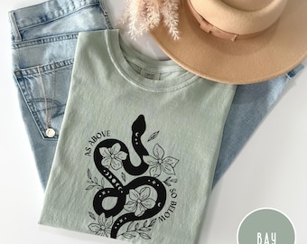 As Above So Below Comfort Colors T-Shirt, Snake & Moon Phases Shirt, Witchy Shirt, Spiritual Graphic Tee, Whimsigoth Shirt, Mystical Shirt