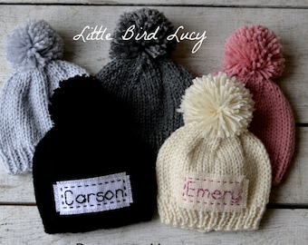 Personalized Newborn Baby Hat Pompom or Plain Infant Coming Home Cap, Newborn Name Hat Monogrammed Cap Keepsake Photo Prop Beanie 50+Colors