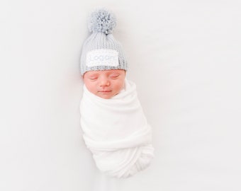 Personalized Newborn Baby Hat Pompom or Plain Infant Coming Home Cap, Newborn Name Hat Monogrammed Cap Keepsake Photo Prop Beanie 50+Colors
