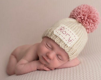 Personalized Newborn Baby Hat Pompom or Plain Infant Coming Home Cap, Newborn Name Hat Monogrammed Cap Keepsake Photo Prop Beanie 50+Colors