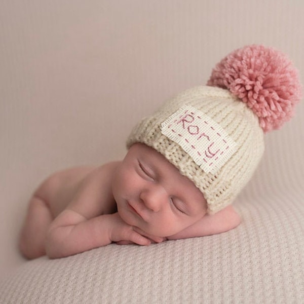 Personalized Newborn Baby Hat Pompom or Plain Infant Coming Home Cap, Newborn Name Hat Monogrammed Cap Keepsake Photo Prop Beanie 50+Colors