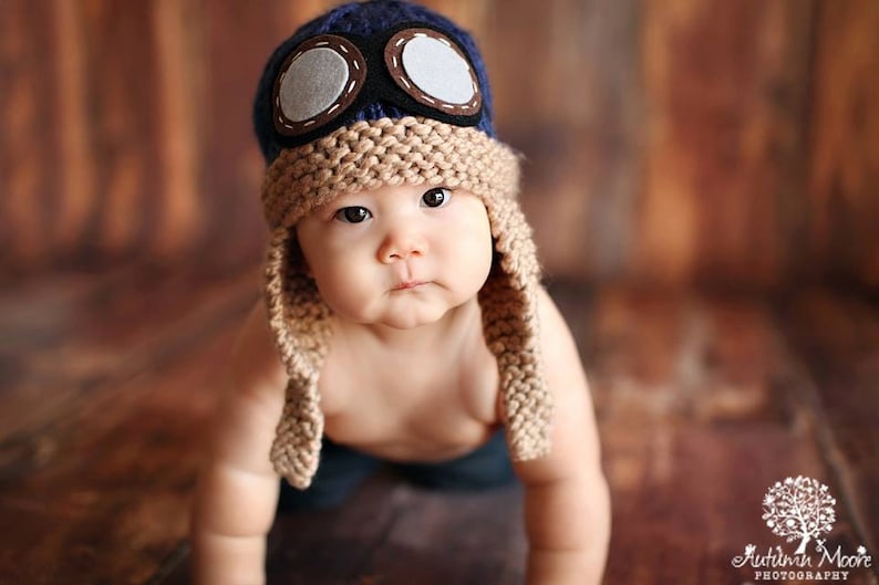 Baby Pilot Hat Aviator Navy Blue Hand Knit Knitted Photo - Etsy