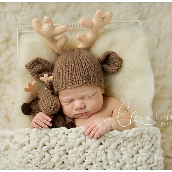 Reindeer Baby Buck Deer Hat and Lovie Stuffie Lovey Knit Infant Christmas Photo Prop Newborn Antler Colors, Deer Hunter Reindeer Moose Elk