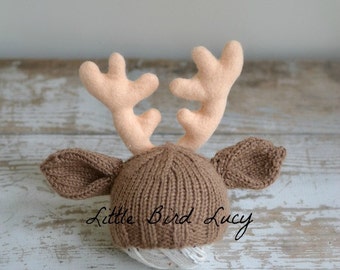 Reindeer Hat, Christmas, Baby Deer Hat, Knit Infant Photo Prop, Newborn, 0-3, 3-6 Months, Rudolph Rein Deer, Custom Antler Colors, Holidays