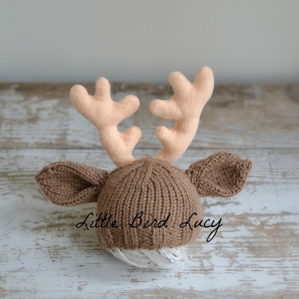 Reindeer Hat, Christmas, Baby Deer Hat, Knit Infant Photo Prop, Newborn, 0-3, 3-6 Months, Rudolph Rein Deer, Custom Antler Colors, Holidays