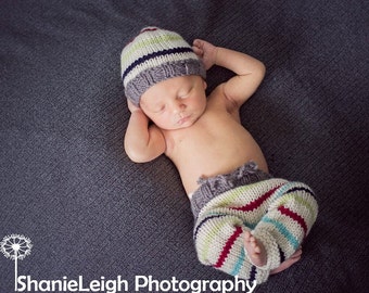 Newborn Knit Pants Hat Set, Baby Knitted Cap, Vintage Inspired Infant Photo Prop, Longies, Cream, Red, Blue, Green, Gray Striped Night Cap