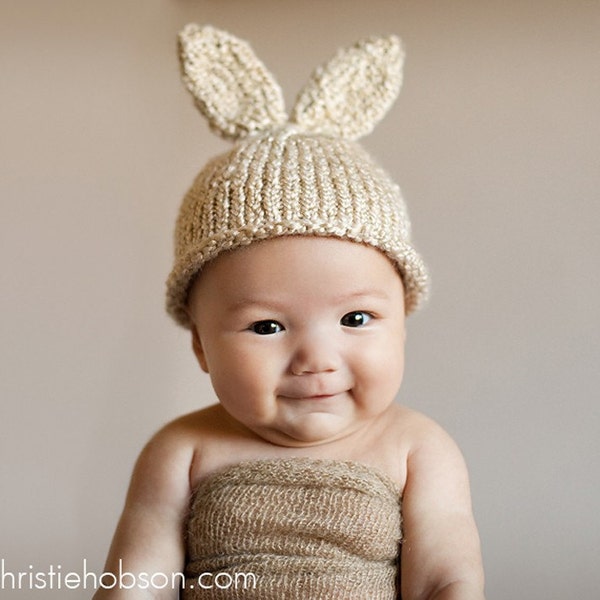 Bunny Hat, Knit Newborn Baby Hat, Easter Rabbit, Ready to Ship, Knitted Photo Prop, Vanilla Cream, Great Knitted Gift, RTS