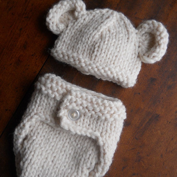 Bear Hat and Baby Diaper Cover, Cream Bear Set & Blue and Light Gray Striped Set, Infant Photo Props