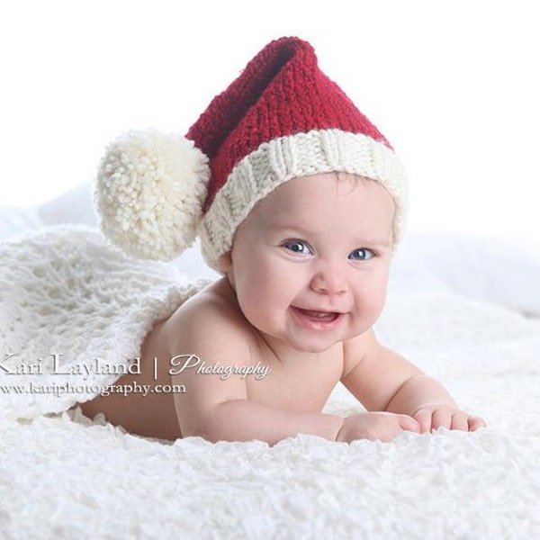 BABY Santa or Elf Knit Hat, Pompom, Rich Red and Winter White, Photo Prop, Munchkin Pixie Stocking Christmas Cap