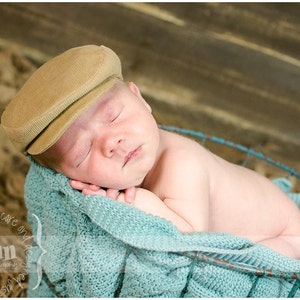 Newsboy Baby Flat Cap, Newborn Infant Photo Prop, Vintage Style News Boy Hat, Derby, Skally, Skully, Golfers, Wedding, Irish Tan Corduroy image 2