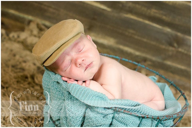 Newsboy Baby Flat Cap, Newborn Infant Photo Prop, Vintage Style News Boy Hat, Derby, Skally, Skully, Golfers, Wedding, Irish Tan Corduroy image 2