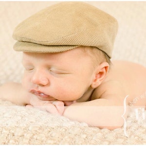 Newsboy Baby Flat Cap, Newborn Infant Photo Prop, Vintage Style News Boy Hat, Derby, Skally, Skully, Golfers, Wedding, Irish Tan Corduroy