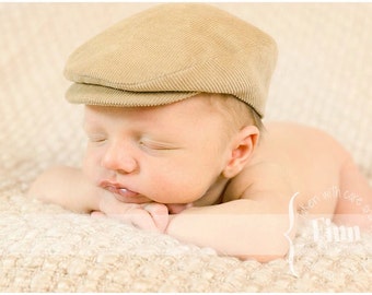 Newsboy Baby Flat Cap, Newborn Infant Photo Prop, Vintage Style News Boy Hat, Derby, Skally, Skully, Golfers, Wedding, Irish Tan Corduroy