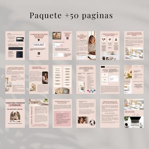 K&ouml;nnte beinhalten: Eine Sammlung von rosa und wei&szlig;en digitalen Seiten mit Text und Bildern. Die Seiten enthalten Titel wie "Kurse, die Sie auf LinkedIn belegen k&ouml;nnen" und "So finden Sie Ihren idealen Kunden". Der Text ist auf Spanisch.