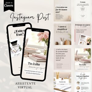 May include: A social media post design for Instagram, featuring two smartphones with text and graphics. The design includes Spanish text, such as "Tu éxito comienza aquí!" and "Asistente Virtual." The background includes flowers, books, and office supplies.