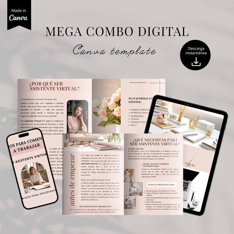K&ouml;nnte beinhalten: Eine digitale Canva-Vorlage, "MEGA COMBO DIGITAL," mit dem Text "Canva template." Das Design zeigt eine Brosch&uuml;re, ein Smartphone und ein Tablet, die alle Inhalte zur virtuellen Assistenzarbeit anzeigen.
