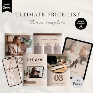May include: A digital marketing template titled "ULTIMATE PRICE LIST" with the text "Canva template." The design features images of a woman working on a laptop, a phone, and a tablet. The template includes "Instant download" and "+13 Pages" text.