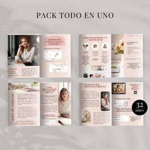 K&ouml;nnte beinhalten: Eine Brosch&uuml;re mit hellrosa Hintergrund und dem Text "PACK TODO EN UNO" oben. Die Brosch&uuml;re enth&auml;lt Bilder von Frauen und Text auf Spanisch, darunter "EJEMPLO DE PAGINAS QUE LO LOGRARON" und "32 pages".