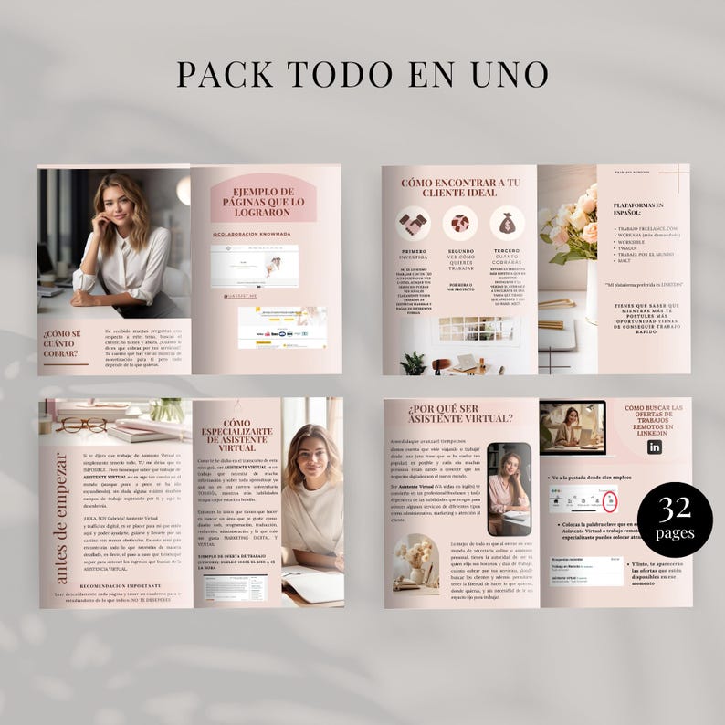 K&ouml;nnte beinhalten: Eine Brosch&uuml;re mit hellrosa Hintergrund und dem Text "PACK TODO EN UNO" oben. Die Brosch&uuml;re enth&auml;lt Bilder von Frauen und Text auf Spanisch, darunter "EJEMPLO DE PAGINAS QUE LO LOGRARON" und "32 pages".