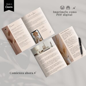 K&ouml;nnte beinhalten: Eine Brosch&uuml;re in Beige und Wei&szlig; mit Text und Bildern. Die Brosch&uuml;re enth&auml;lt den Text "Made in Canva", "Comienza ahora" und "Imprimelo como PDF digital". Ein Stift liegt auf der Brosch&uuml;re.