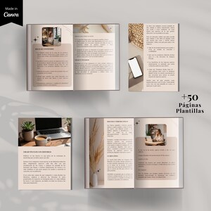 K&ouml;nnte beinhalten: Ein Mockup eines digitalen Planers in Beige und Wei&szlig;, mit Text und Bildern. Der Planer ist ge&ouml;ffnet, um Inhalte anzuzeigen, mit einem Smartphone und einem Weidenkorb im Hintergrund. Der Text "+50 P&aacute;ginas Plantillas" ist sichtbar.