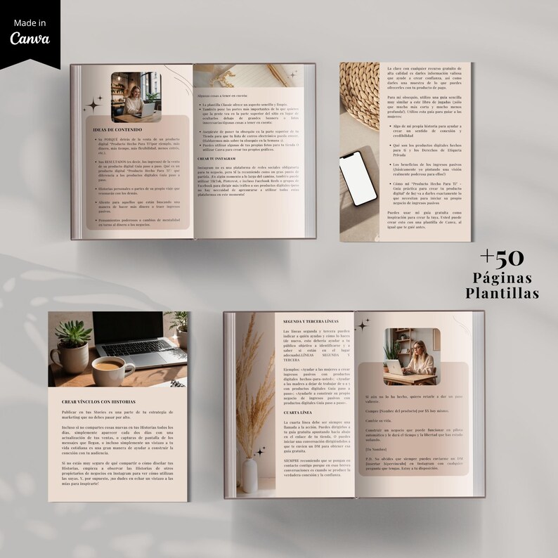 K&ouml;nnte beinhalten: Ein Mockup eines digitalen Planers in Beige und Wei&szlig;, mit Text und Bildern. Der Planer ist ge&ouml;ffnet, um Inhalte anzuzeigen, mit einem Smartphone und einem Weidenkorb im Hintergrund. Der Text "+50 P&aacute;ginas Plantillas" ist sichtbar.
