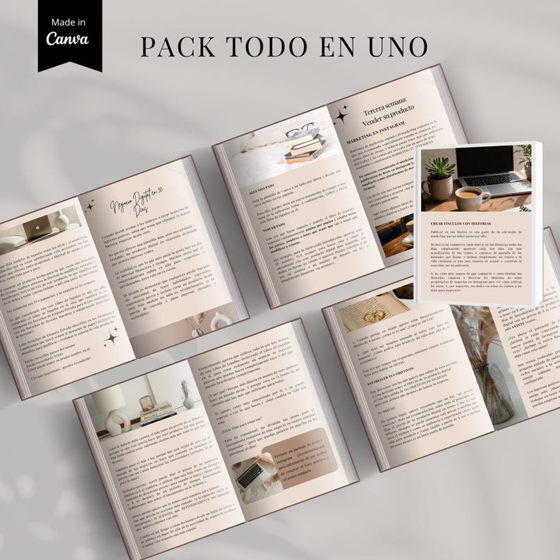 K&ouml;nnte beinhalten: Ein offenes Buch mit dem Text "PACK TODO EN UNO" und Seiten mit Text und Bildern. Die Seiten haben eine hellbraune Farbe. Das Buch liegt auf einer hellgrauen Oberfl&auml;che. In der oberen linken Ecke steht "Made in Canva".