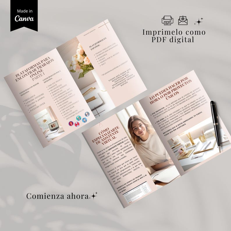 K&ouml;nnte beinhalten: Eine Brosch&uuml;re mit hellrosa Hintergrund und Text auf Spanisch und Englisch. Der Titel der Brosch&uuml;re lautet "PLATAFORMAS PARA ENCONTRAR TRABAJOS ONLINE PARTE I". Die Brosch&uuml;re enth&auml;lt auch den Text "Imprimelo como PDF digital" und "Comienza ahora."