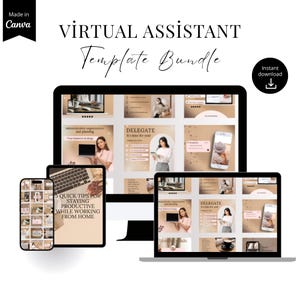 May include: A digital mockup of a "Virtual Assistant Template Bundle" displayed on a laptop, tablet, smartphone, and desktop computer. The screens show templates with text and images. The text includes "Delegate", "Quick Tips", and "Virtual Assistant".