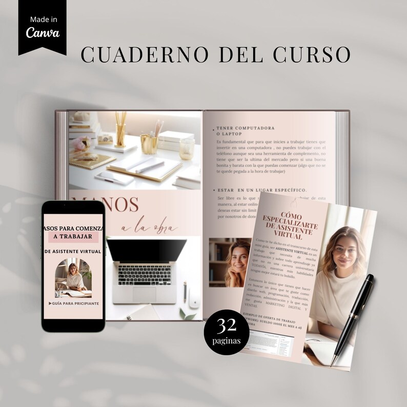 K&ouml;nnte beinhalten: Ein offenes Kursnotizbuch mit dem Titel "CUADERNO DEL CURSO" und dem Text "ASOS PARA COMENZA A TRABAJAR DE ASISTENTE VIRTUAL". Ein Smartphone zeigt einen Kursf&uuml;hrer an. Ein Laptop, ein Stift und eine Brosch&uuml;re sind ebenfalls sichtbar. Die Brosch&uuml;re enth&auml;lt den Text "C&Oacute;MO ESPECIALIZARTE DE ASISTENTE VIRTUAL".